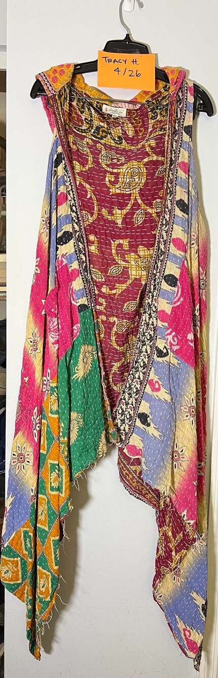 Kantha Bae Hooded Ruana Vest Patchwork Kantha Stitch One Size